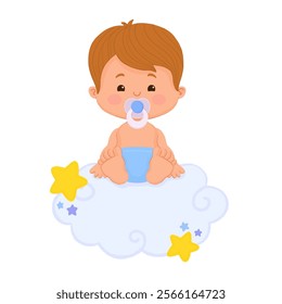 Cute baby boy on a blue cloud. It's a boy background. Gender reveal, baby shower, baby announcement.