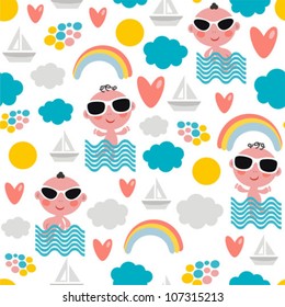 Cute  baby boy on vacation seamless pattern. Vector texture of summer time.