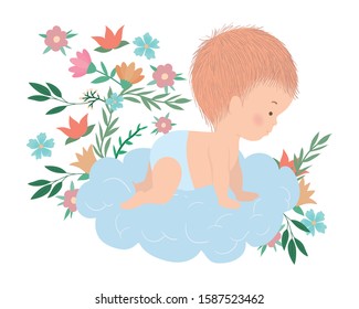 Cute baby boy over cloud with flowers and leaves design, Child newborn childhood kid innocence and little theme Vector illustration