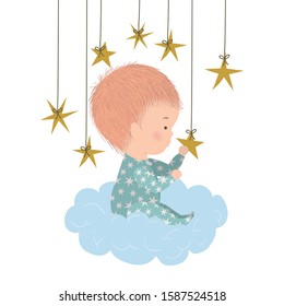 Cute baby boy over cloud and stars design, Child newborn childhood kid innocence and little theme Vector illustration
