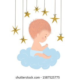 Cute baby boy over cloud and stars design, Child newborn childhood kid innocence and little theme Vector illustration