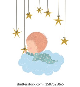 Cute baby boy over cloud and stars design, Child newborn childhood kid innocence and little theme Vector illustration