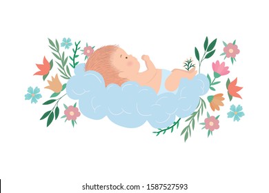 Cute baby boy over cloud with flowers and leaves design, Child newborn childhood kid innocence and little theme Vector illustration