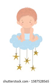 Cute baby boy over cloud and stars design, Child newborn childhood kid innocence and little theme Vector illustration