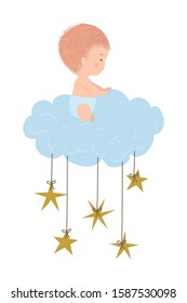 Cute baby boy over cloud and stars design, Child newborn childhood kid innocence and little theme Vector illustration
