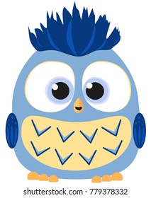 Cute baby boy owl colorful poster. Birthday themed flat vector illustration for gift card, flyer, certificate or banner