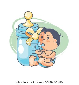 cute baby boy with pacifier and bottle milk