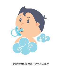 cute baby boy with pacifier and clouds