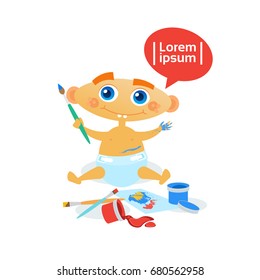 Cute Baby Boy Painting Toddler Happy Cartoon Infant In Diaper Flat Vector Illustration