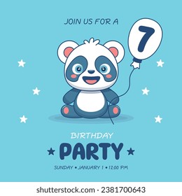 Cute baby boy panda. Birthday invitation for 7 year. Vector illustration