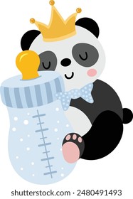 Cute baby boy panda holding a baby bottle of milk
