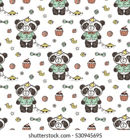 Cute Baby boy Panda with toys Vector Seamless pattern. Endless wallpaper with pandas. Hand Drawn Doodle Funny Black and White Bear background for kids