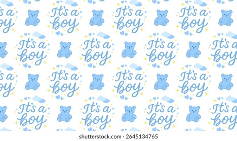 Padrão lindo de bebê-menino com ursinhos de pelúcia azuis, nuvens, corações, estrelas e a frase "É um menino" — perfeito para designs de decoração de berçário ou chá de bebê.