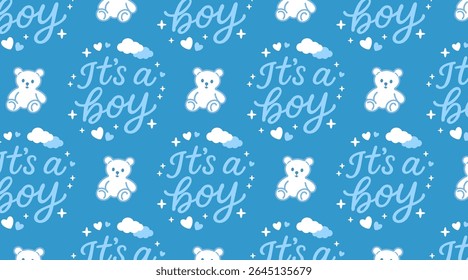 Cute baby boy pattern with teddy bears, clouds, hearts, stars, and "It's a boy" phrase on blue background — perfect for nursery decor or baby shower designs.