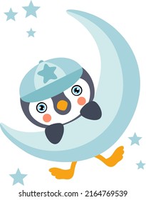 Cute baby boy penguin hanging on moon
