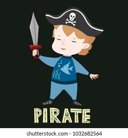Cute baby boy in pirate clothes, vector nursery design