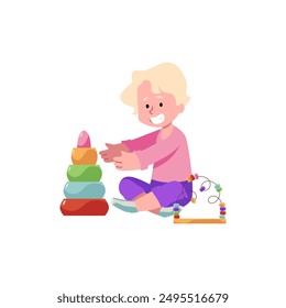 Cute baby boy play with pyramid toy. Montessori toys smart puzzle logical game. Cartoon little kid have fun build tower with colorful ring blocks. Vector children education and entertainment