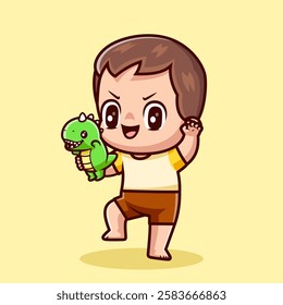 Cute Baby Boy Playing Dinosaur Toy Cartoon Vector Icon 
Illustration. People Holiday Icon Concept Isolated Premium 
Vector. Flat Cartoon Style 