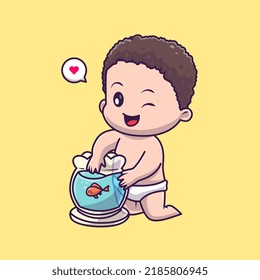 Cute Baby Boy Playing Fish In Aquarium Cartoon Vector Icon Illustration. People Animal Icon Concept Isolated Premium Vector. Flat Cartoon Style