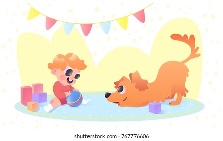 Cute baby boy playing with his dog at home. Cute cartoon vector characters.