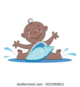 Cute baby boy playing with the shell on the beach cartoon character vector illustration. 
