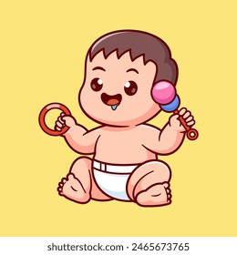 Cute Baby Boy Playing Toy Cartoon Vector Icon Illustration. People Nature Icon Concept Isolated Premium Vector. Flat Cartoon Style