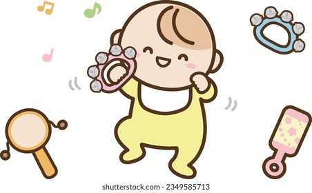 Cute baby boy playing with toys on white background. Vector illustration.