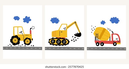 Cute baby boy posters with cars- excavator, tractor, concrete mixer in cartoon style. Scandinavian style. Vector set with automobile for fabric, textile, postcard, apparel, wall art, kids room design