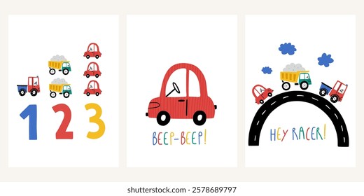 Cute baby boy posters with cars. Scandinavian style. Adorable childish transport. Vector set with automobile for fabric, textile, postcard, apparel, wall art, kids room design