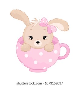 Cute baby boy rabbit inside the cup. Pastel colors vector illustration isolated on white background.