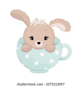 Cute baby boy rabbit inside the cup. Pastel colors vector illustration isolated on white background.