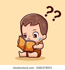 Cute Baby Boy Reading Book Cartoon Vector Icon Illustration. People Education Icon Concept Isolated Premium Vector. Flat Cartoon Style