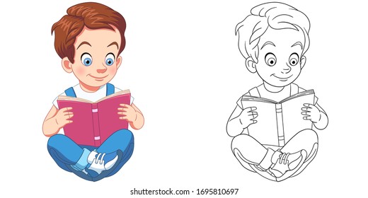 Cute baby boy reading. Coloring page and colorful clipart character. Cartoon design for t shirt print, icon, logo, label, patch or sticker. Vector illustration.