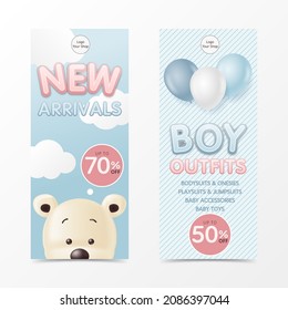 Cute baby boy roll up banner stand design template with cute bear and balloon for child store, kid clothes and toy, Online shop, children fashion sale discount promotion, social media. vector