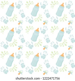 Cute baby boy seamless pattern for textile, print, greeting cards, wrapping paper, wallpaper. Vector illustration blue color nipple, handprint, bottle