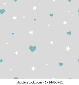 Cute baby boy seamless pattern with star and heart. Scandinavian style in pastel colors. Flat vector illustration.