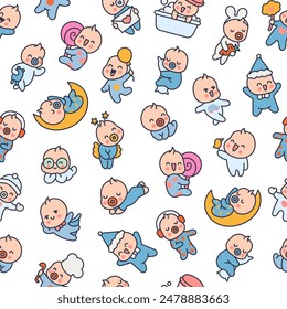 Cute baby boy. Seamless pattern. Cartoon little newborn character. Hand drawn style. Vector drawing. Design ornaments.