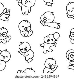 Cute baby boy. Seamless pattern. Coloring Page. Cartoon little newborn character. Hand drawn style. Vector drawing. Design ornaments.
