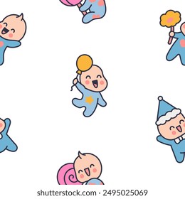 Cute baby boy. Seamless pattern. Cartoon little newborn character. Hand drawn style. Vector drawing. Design ornaments.