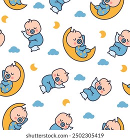 Cute baby boy. Seamless pattern. Cartoon little newborn character. Hand drawn style. Vector drawing. Design ornaments.