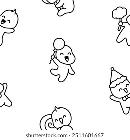Cute baby boy. Seamless pattern. Coloring Page. Cartoon little newborn character. Hand drawn style. Vector drawing. Design ornaments.