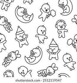 Cute baby boy. Seamless pattern. Coloring Page. Cartoon little newborn character. Hand drawn style. Vector drawing. Design ornaments.