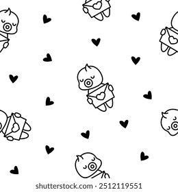 Cute baby boy. Seamless pattern. Coloring Page. Cartoon little newborn character. Hand drawn style. Vector drawing. Design ornaments.