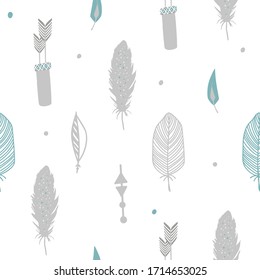 Cute baby boy seamless vector pattern with birds feather and arrow. Boho and scandinavian style in pastel colors. 