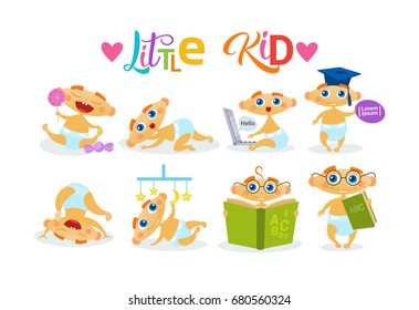 Cute Baby Boy Set Toddler Happy Cartoon Infant In Diaper Collection Flat Vector Illustration