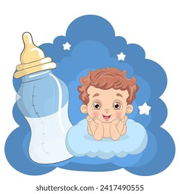 Niño lindo, imagen vectorial de la ducha de bebé. Caricatura de estilo. Niño feliz, ilustración perfecta para el diseño de la moda de la camiseta, tarjeta de saludo, invitación a la fiesta