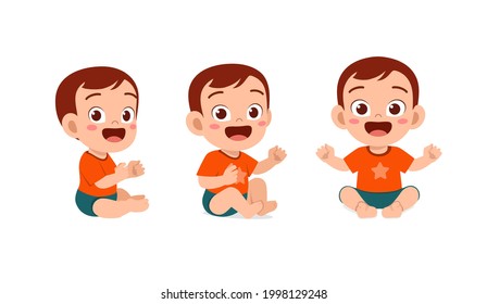 cute baby boy sit down and smile pose set