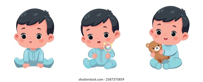 cute baby boy sit down play and smile pose set 