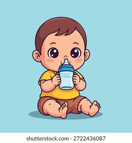 A cute baby boy sitting and drinking milk from a bottle, isolated on a blue background.