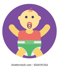 Cute baby boy sitting with pacifier in his mouth, flat vector icon 